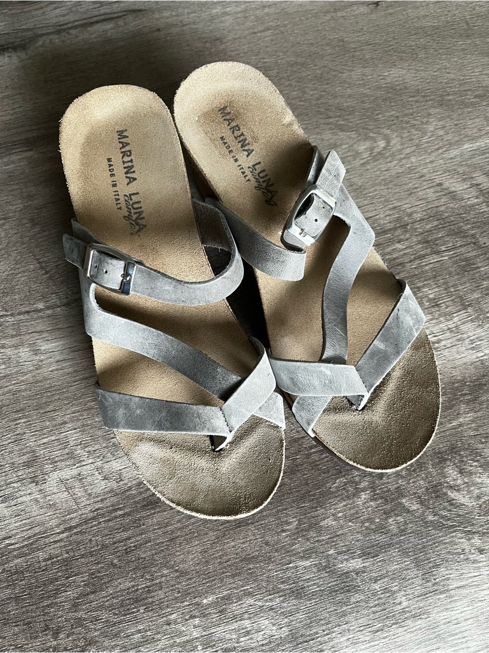 Marina Luna Light Gray Suede Strappy Slide Sandals